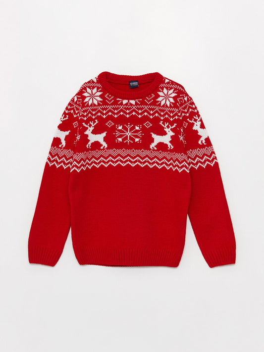 Crew Neck New Year Themed Long Sleeve Boy's Knitwear Sweater