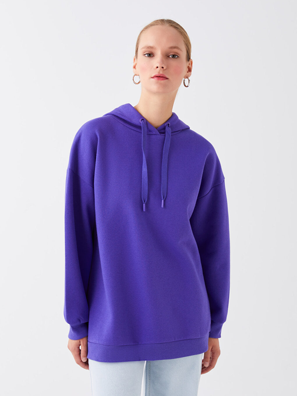 Hooded Plain Long Sleeve Women's Sweatshirt Tunic