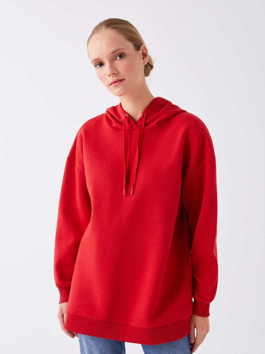 Hooded Plain Long Sleeve Women's Sweatshirt Tunic