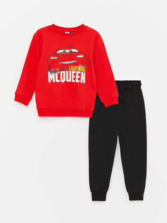 Crew Neck Long Sleeve Cars Printed Baby Boy Sweatshirt and Tracksuit Bottom 2-Piece Set