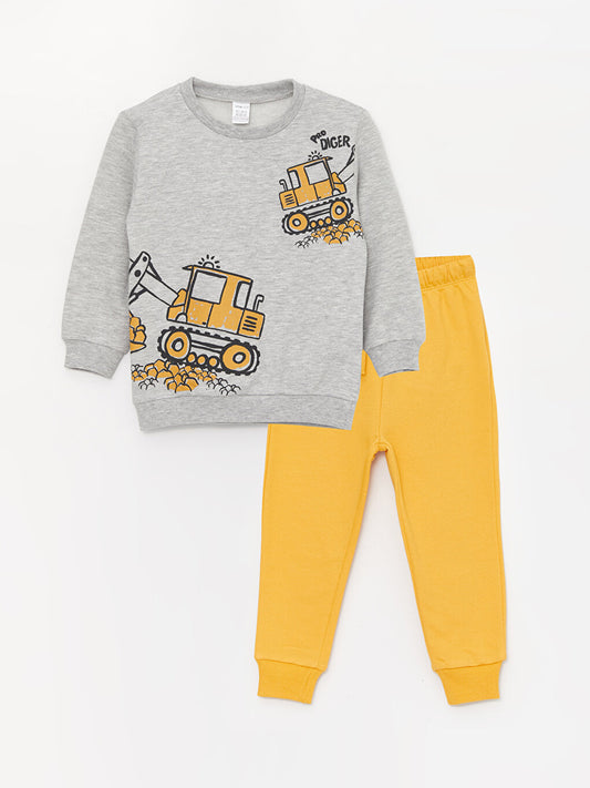 Crew Neck Long Sleeve Printed Baby Boy Sweatshirt and Trousers 2-Piece Set