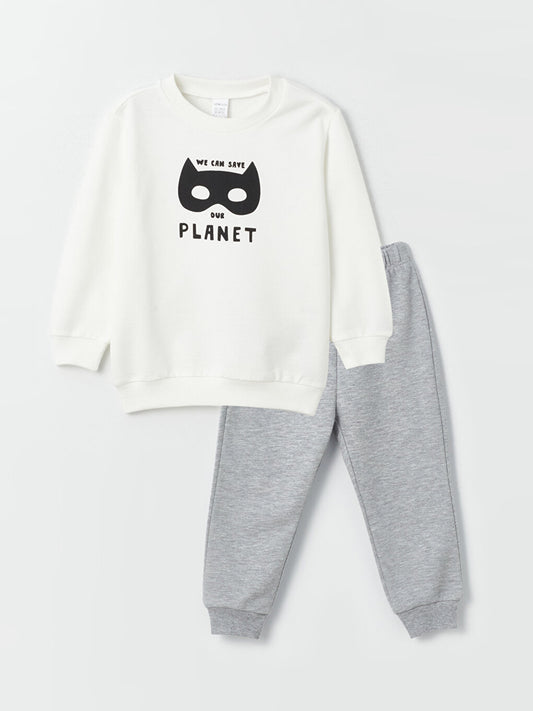 Crew Neck Printed Baby Boy Sweatshirt and Tracksuit Bottom, Pack of 2