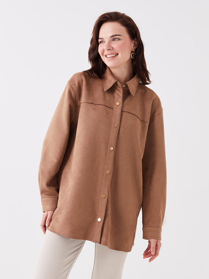 Plain Long Sleeve Suede Look Women's Shirt Jacket