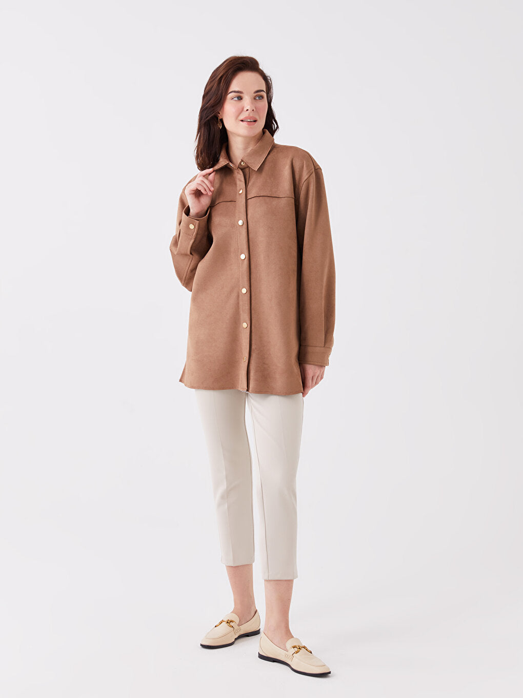 Plain Long Sleeve Suede Look Women's Shirt Jacket