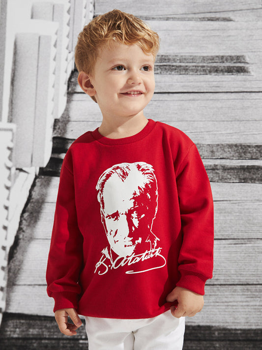 Crew Neck Long Sleeve Atatürk Printed and Signed Baby Boy Sweatshirt