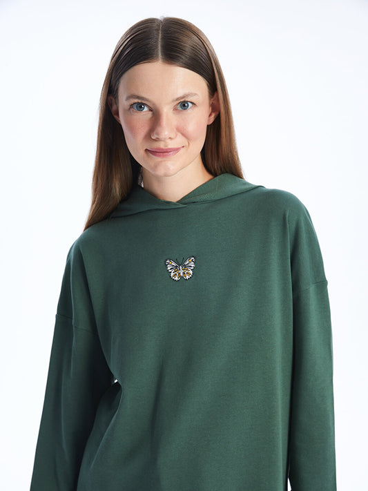 Hooded Embroidered Long Sleeve Women's Sweatshirt Tunic