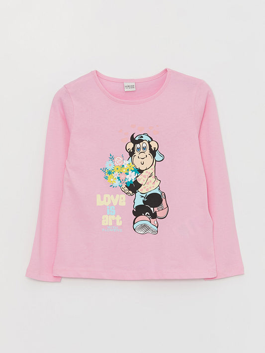 Crew Neck Nostalgic Monkey Printed Long Sleeve Girls' T-Shirt