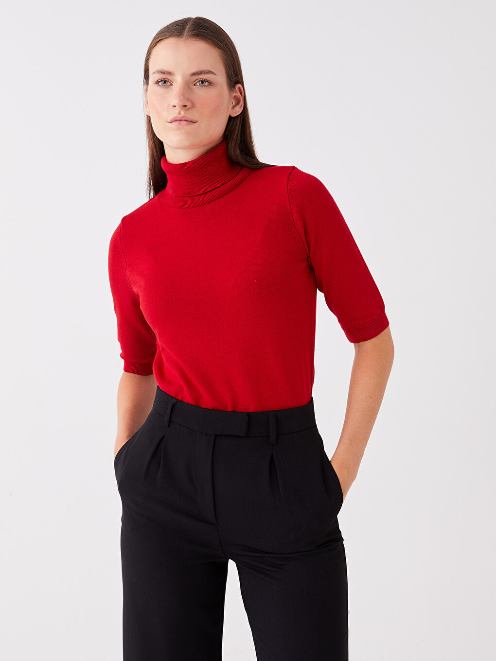 Turtleneck Plain Short Sleeve Women's Knitwear Sweater