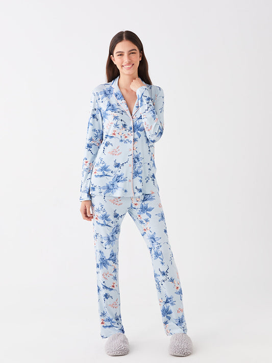 Shirt Collar Floral Long Sleeve Women's Pajama Set