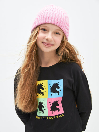 Crew Neck Printed Long Sleeve Girl's T-Shirt