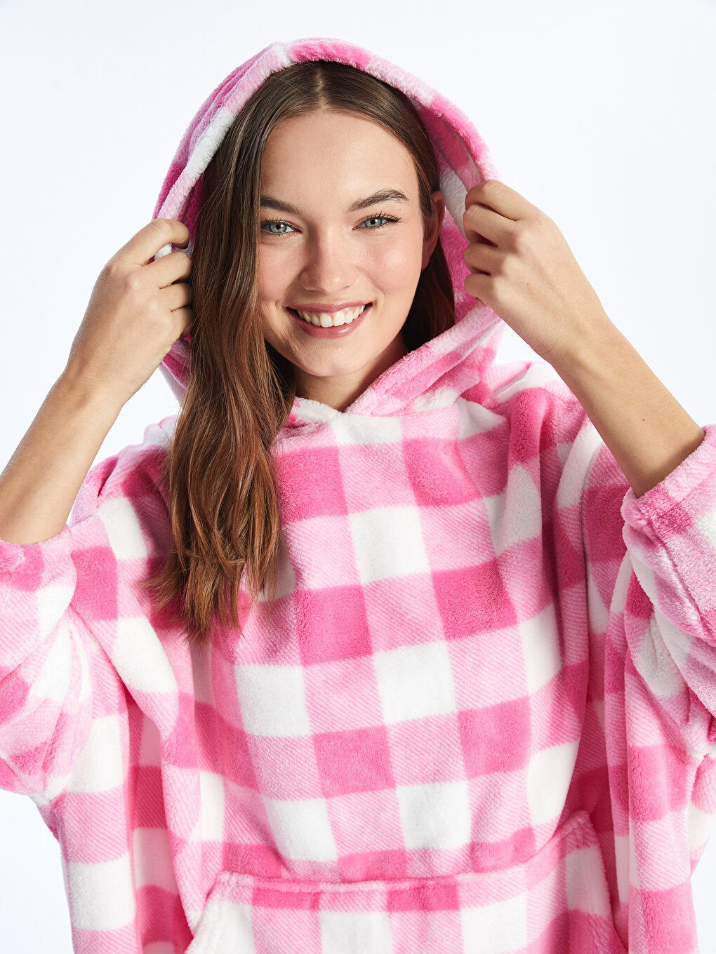 Hooded Plaid Long Sleeve Women's Plush Pajama Top