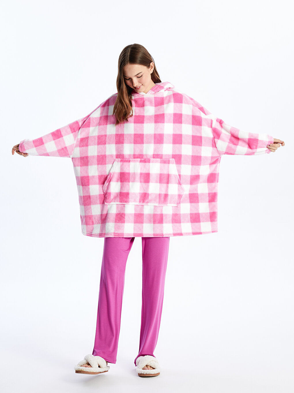 Hooded Plaid Long Sleeve Women's Plush Pajama Top