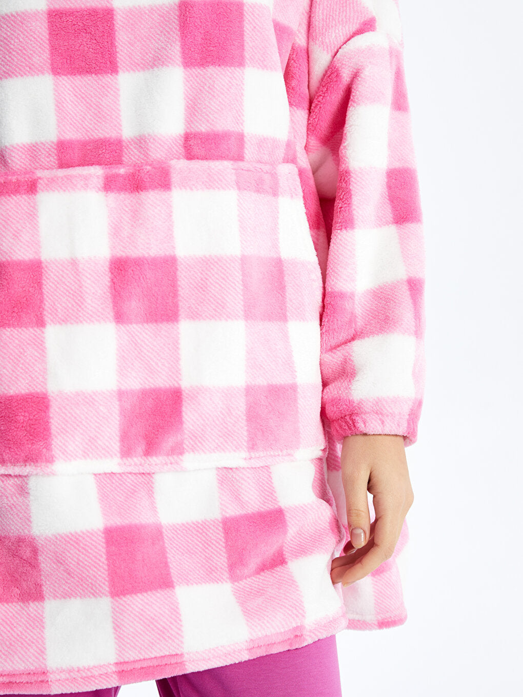 Hooded Plaid Long Sleeve Women's Plush Pajama Top