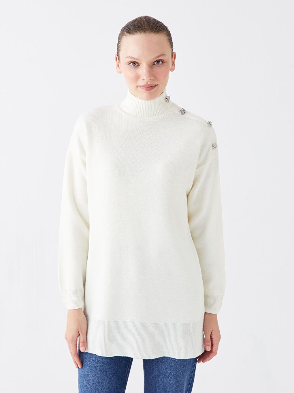 Half Turtleneck Plain Long Sleeve Women's Knitwear Tunic