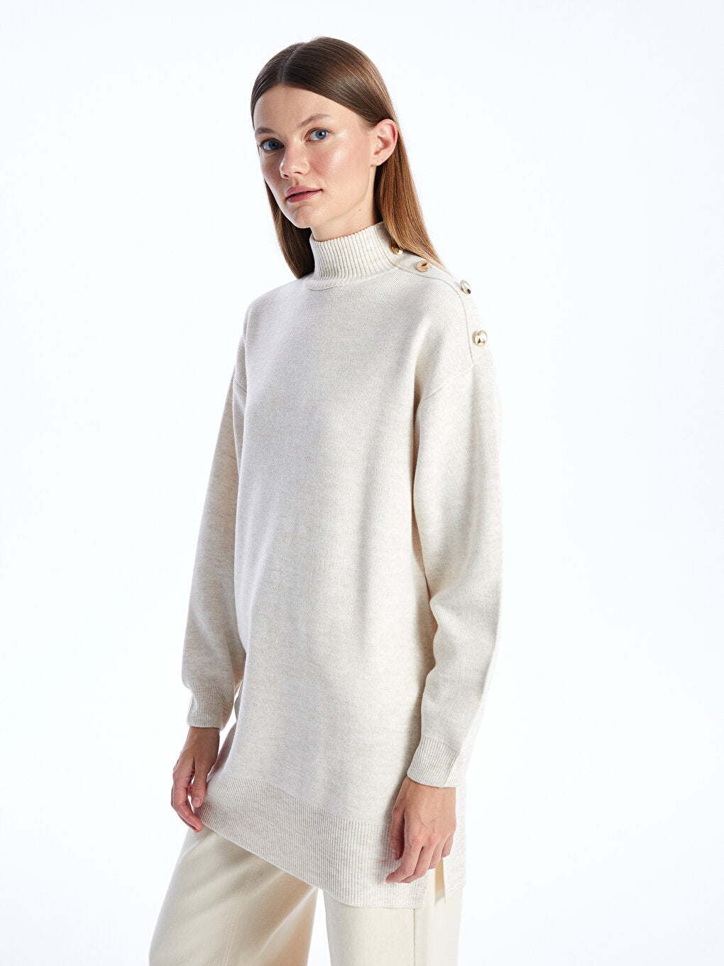 Half Turtleneck Plain Long Sleeve Women's Knitwear Tunic