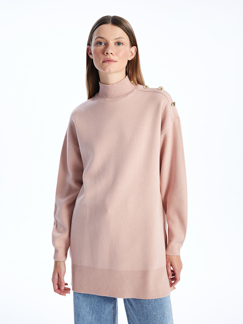 Half Turtleneck Plain Long Sleeve Women's Knitwear Tunic