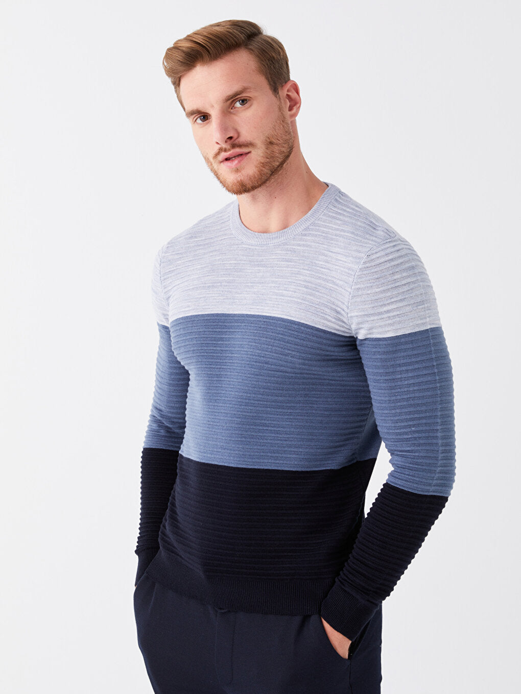 Crew Neck Long Sleeve Color Block Men's Knitwear Sweater