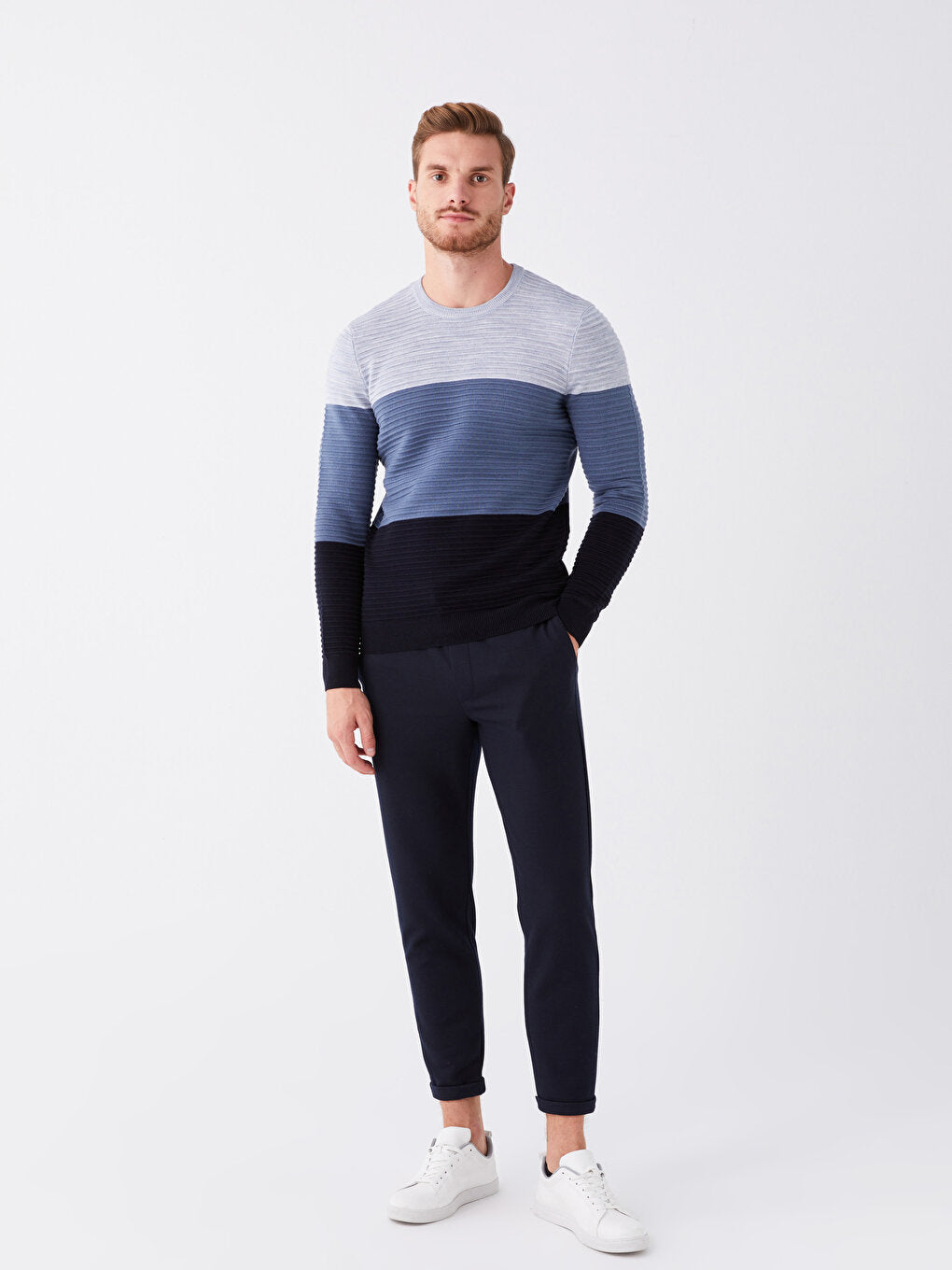 Crew Neck Long Sleeve Color Block Men's Knitwear Sweater