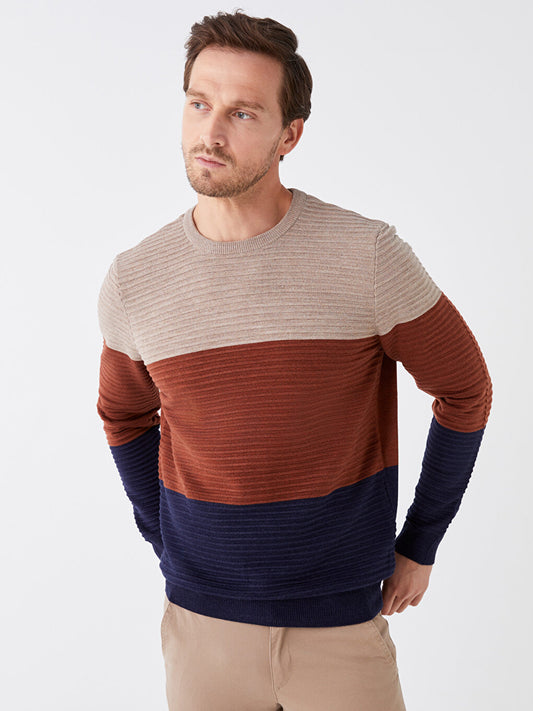 Crew Neck Long Sleeve Color Block Men's Knitwear Sweater