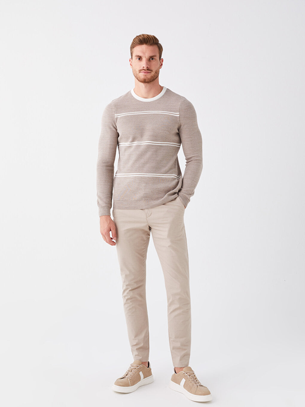 Crew Neck Long Sleeve Striped Men's Knitwear Sweater