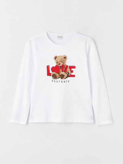 Crew Neck Printed Long Sleeve Girls' T-Shirt