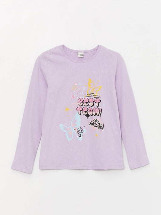 Crew Neck Printed Long Sleeve Cotton Girls' T-Shirt