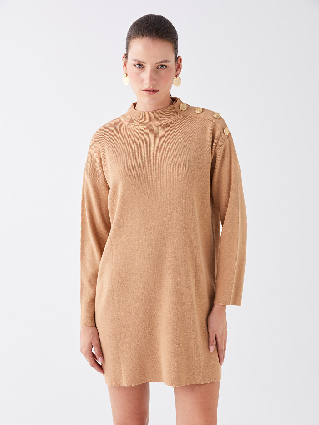 Half Turtleneck Plain Long Sleeve Oversize Women's Knitwear Tunic