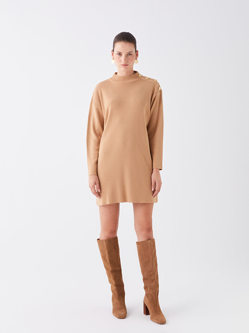 Half Turtleneck Plain Long Sleeve Oversize Women's Knitwear Tunic