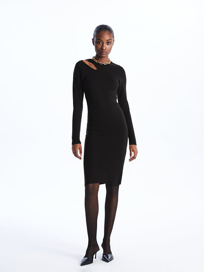 Crew Neck Window Detailed Long Sleeve Women's Knitwear Dress