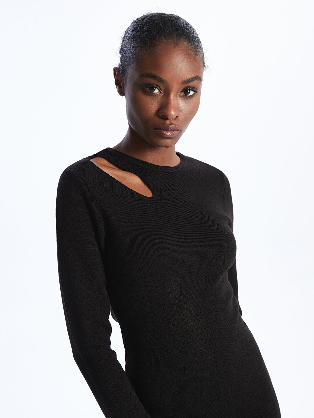 Crew Neck Window Detailed Long Sleeve Women's Knitwear Dress