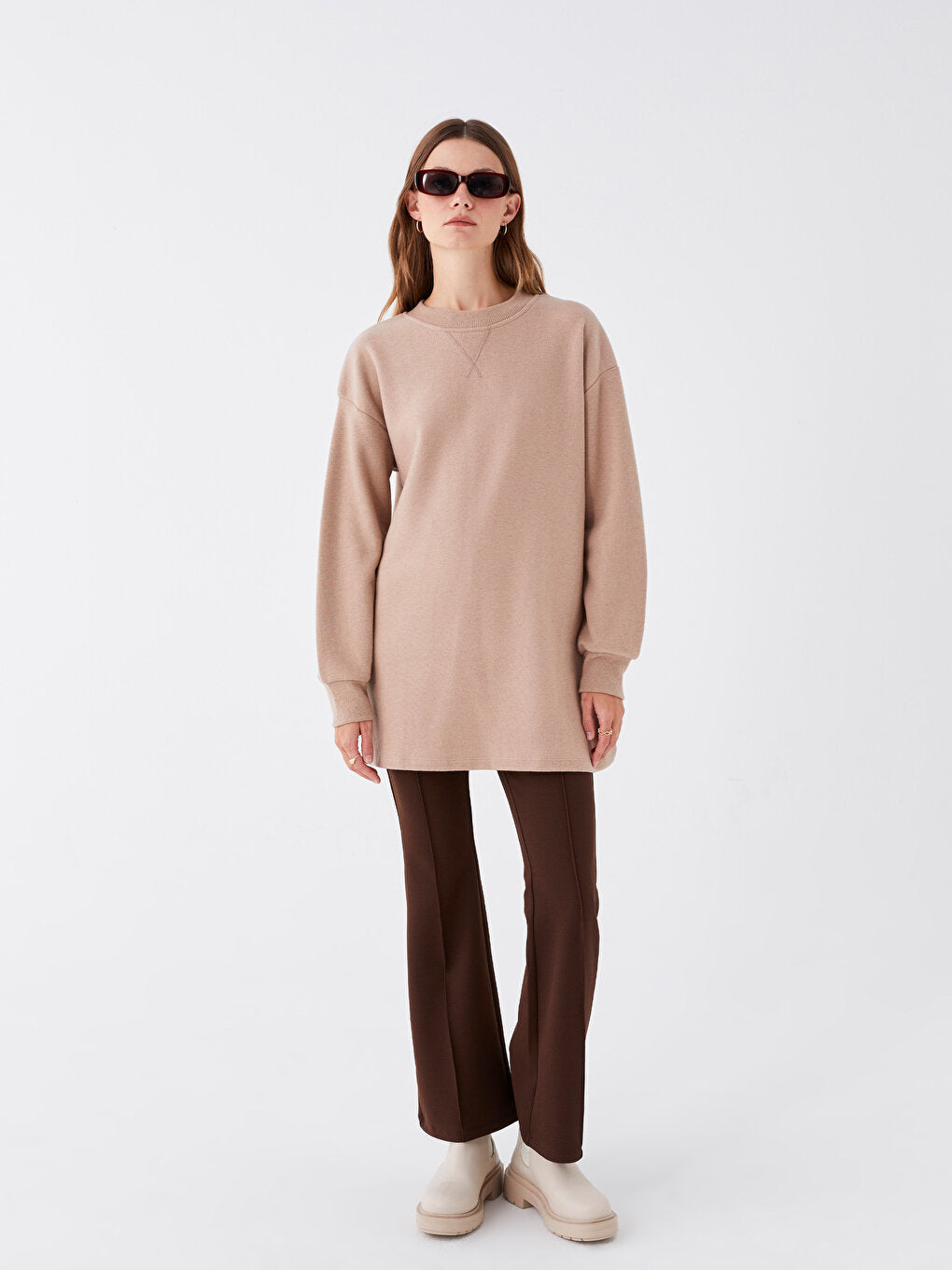 Crew Neck Plain Long Sleeve Women's Tunic