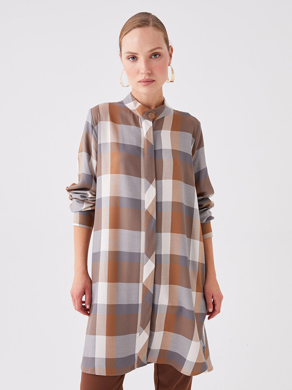 Magnificent Collar Plaid Long Sleeve Women's Tunic