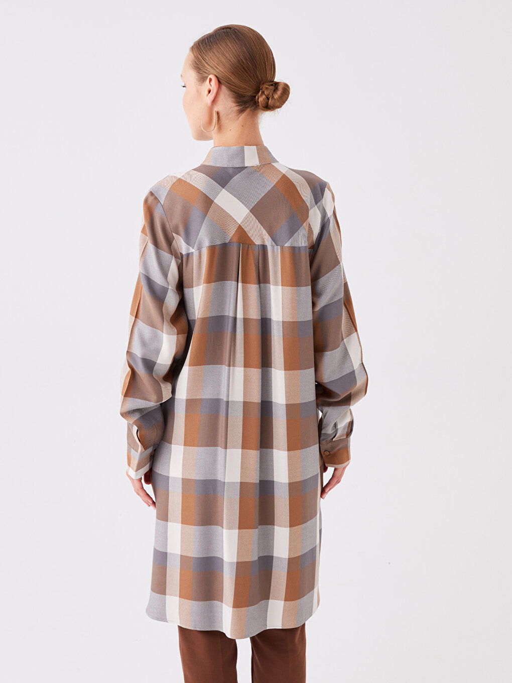 Magnificent Collar Plaid Long Sleeve Women's Tunic