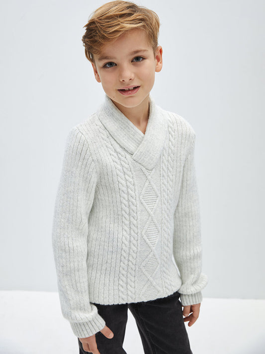 Shawl Collar Self-Patterned Boy's Knitwear Sweater