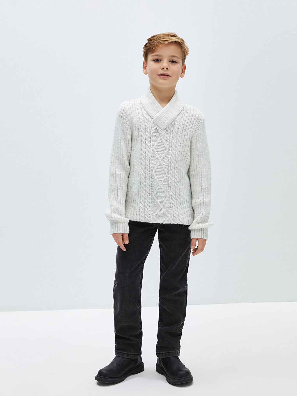 Shawl Collar Self-Patterned Boy's Knitwear Sweater