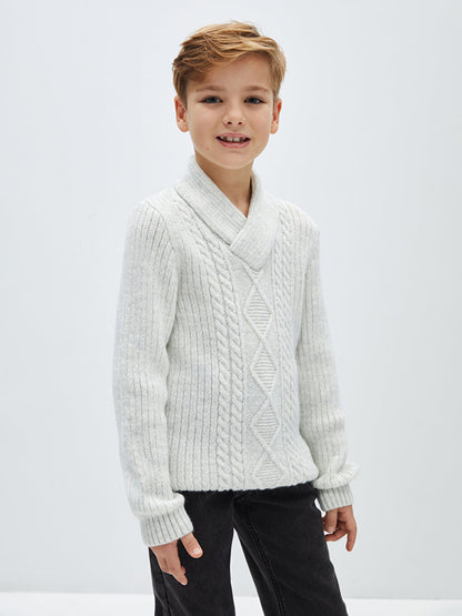 Shawl Collar Self-Patterned Boy's Knitwear Sweater