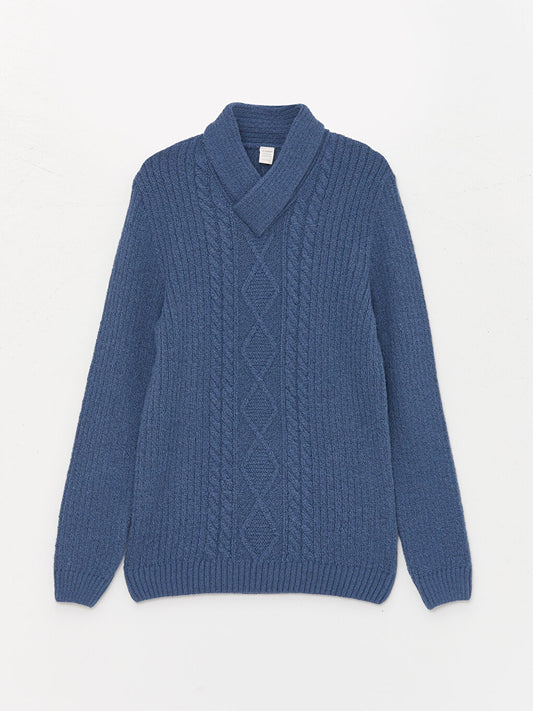 Shawl Collar Self-Patterned Boy's Knitwear Sweater