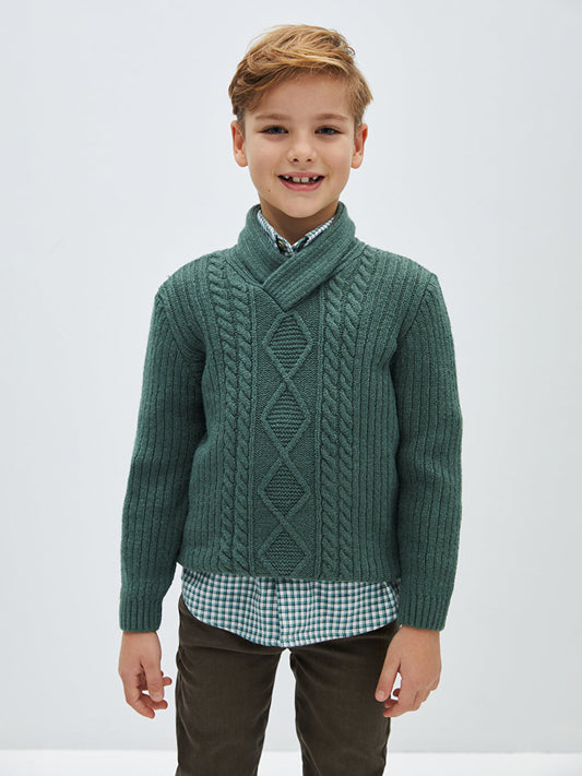 Shawl Collar Self-Patterned Boy's Knitwear Sweater