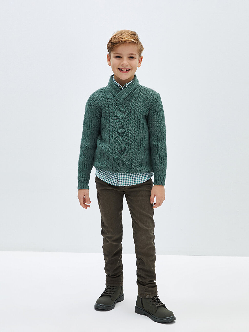 Shawl Collar Self-Patterned Boy's Knitwear Sweater