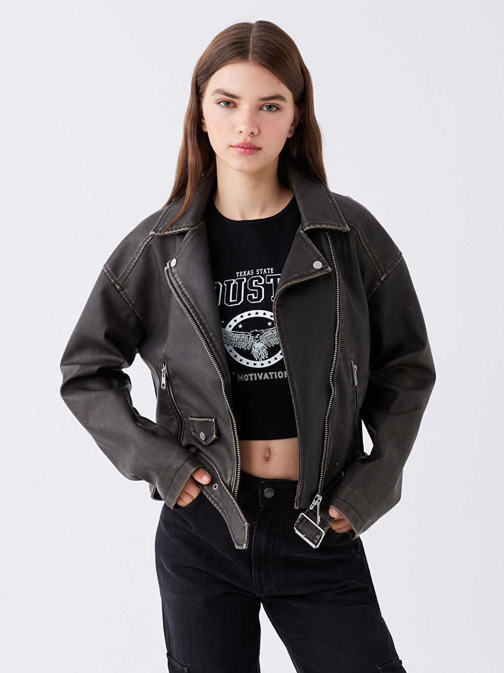 Women's Biker Collar Plain Leather Look Coat