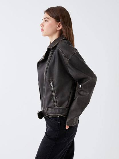 Women's Biker Collar Plain Leather Look Coat