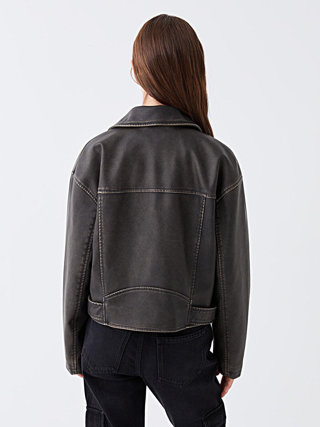 Women's Biker Collar Plain Leather Look Coat