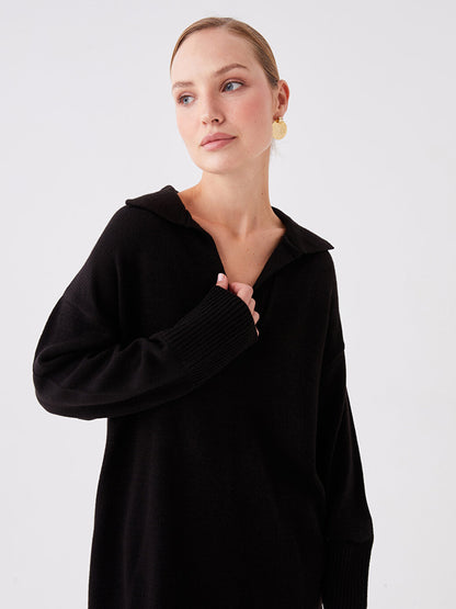 Polo Neck Plain Long Sleeve Oversize Women's Knitwear Tunic