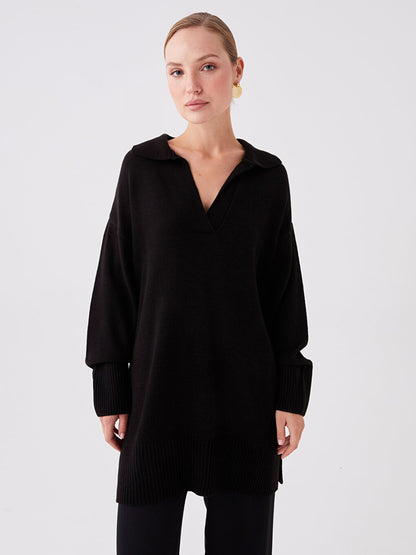 Polo Neck Plain Long Sleeve Oversize Women's Knitwear Tunic