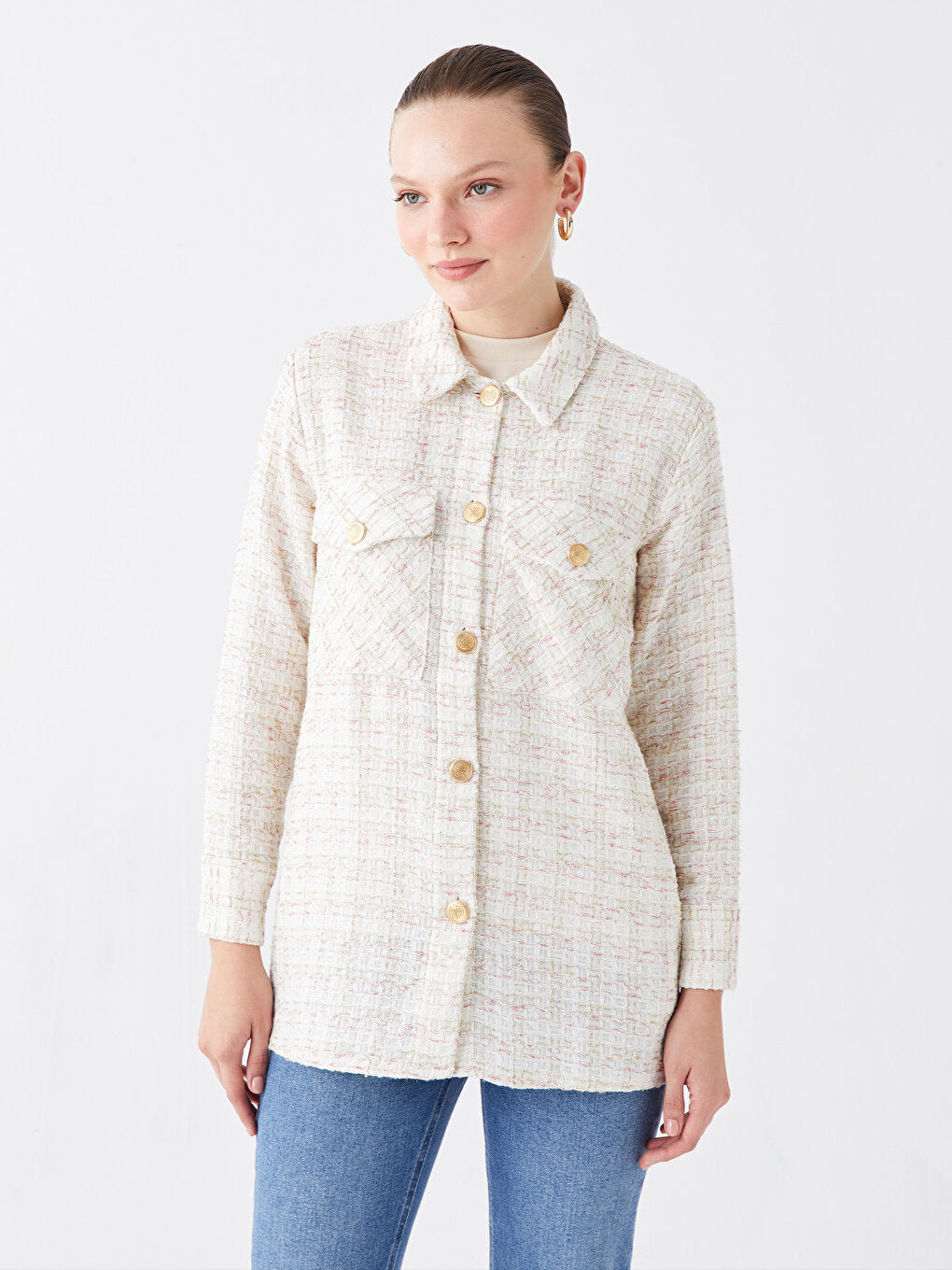 Self Patterned Long Sleeve Women's Tweed Shirt Tunic