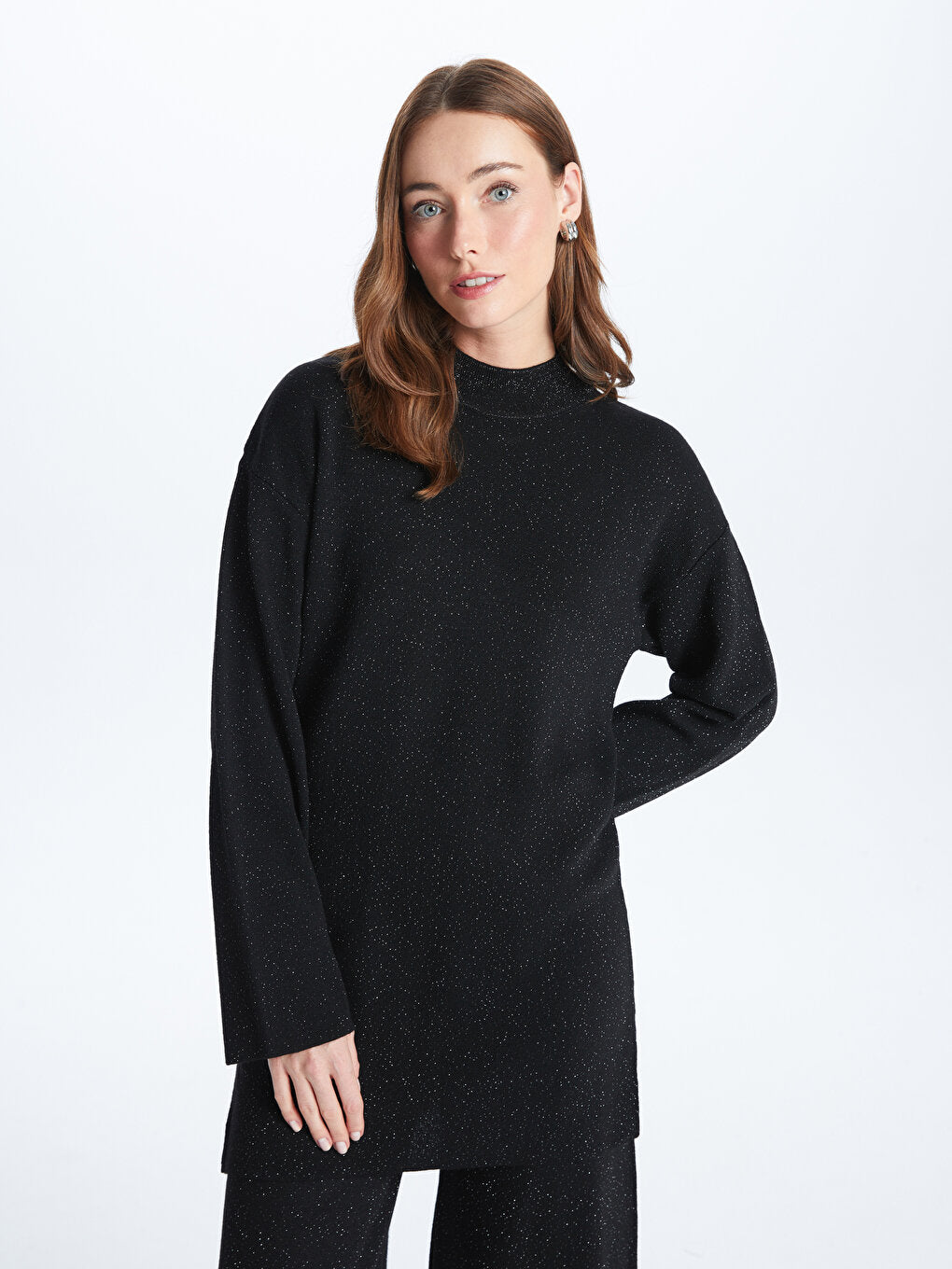 High Collar Plain Long Sleeve Women's Knitwear Tunic