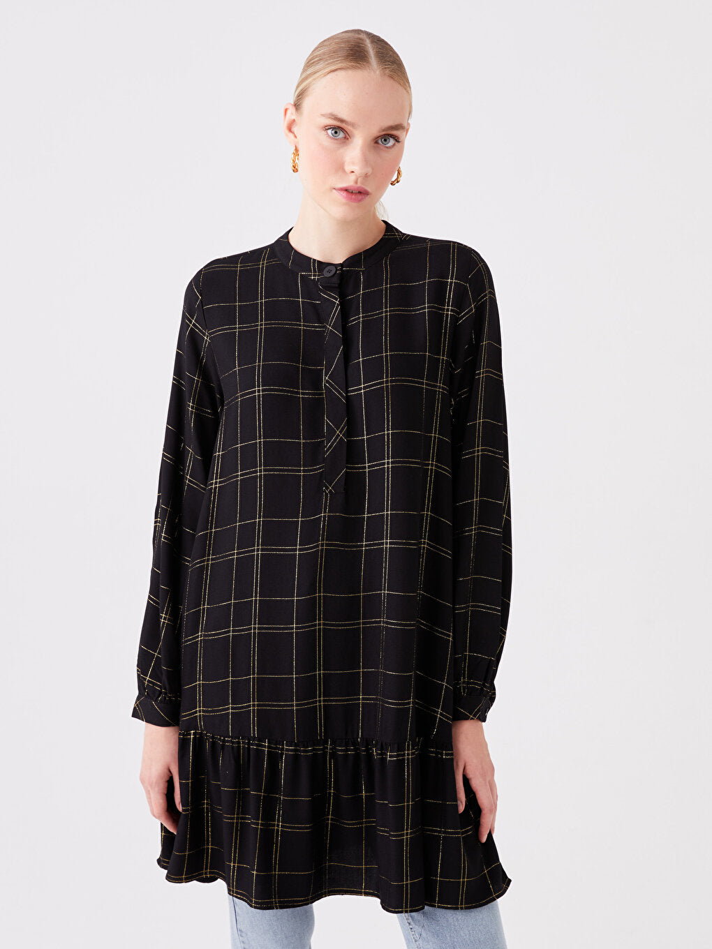 Magnificent Collar Plaid Long Sleeve Women's Tunic