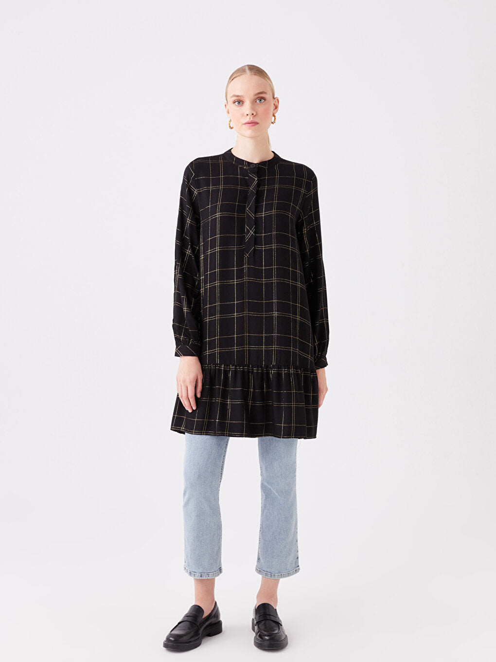 Magnificent Collar Plaid Long Sleeve Women's Tunic