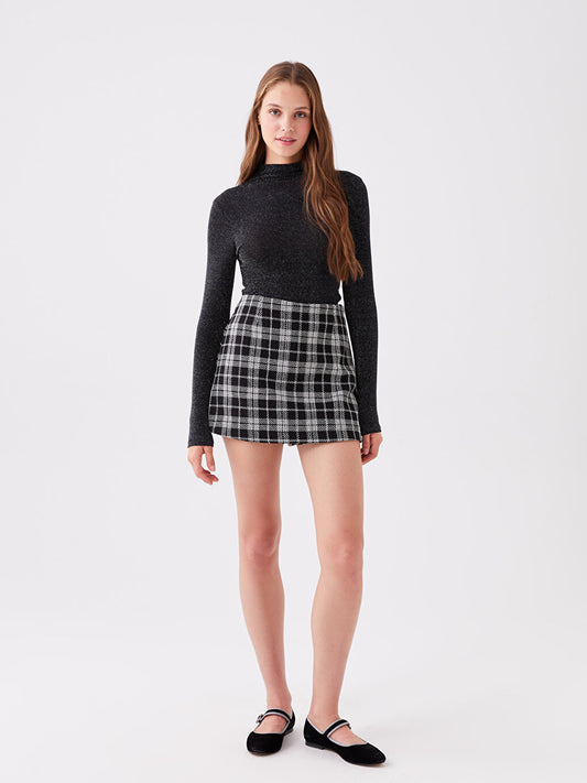 Plaid Women's Tweed Shorts Skirt with Zipper Waist