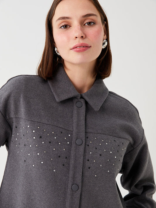 Shiny Stone Printed Long Sleeve Oversize Women's Shirt Jacket